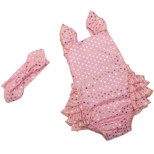 Pink and Gold Polka Dots Ruffle Romper for baby girls and toddlers