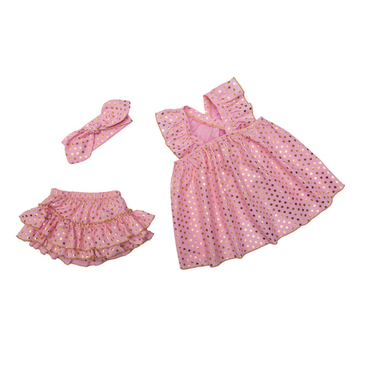 Pink & gold polka dots baby summer dress 3 pcs set