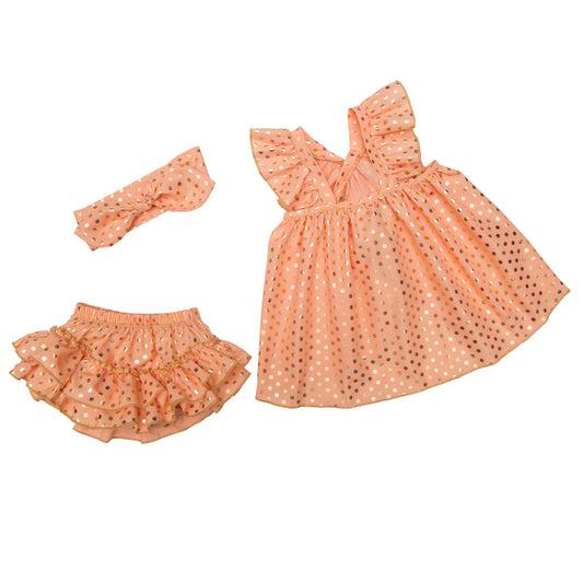 Orange & Gold polka dots baby summer dress 3 pcs set