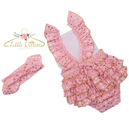 Baby Girl Pink Ruffled Romper with matching bow, Baby Girl clothes