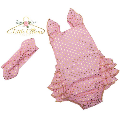 Baby Girl Pink Ruffled Romper with matching bow, Baby Girl clothes