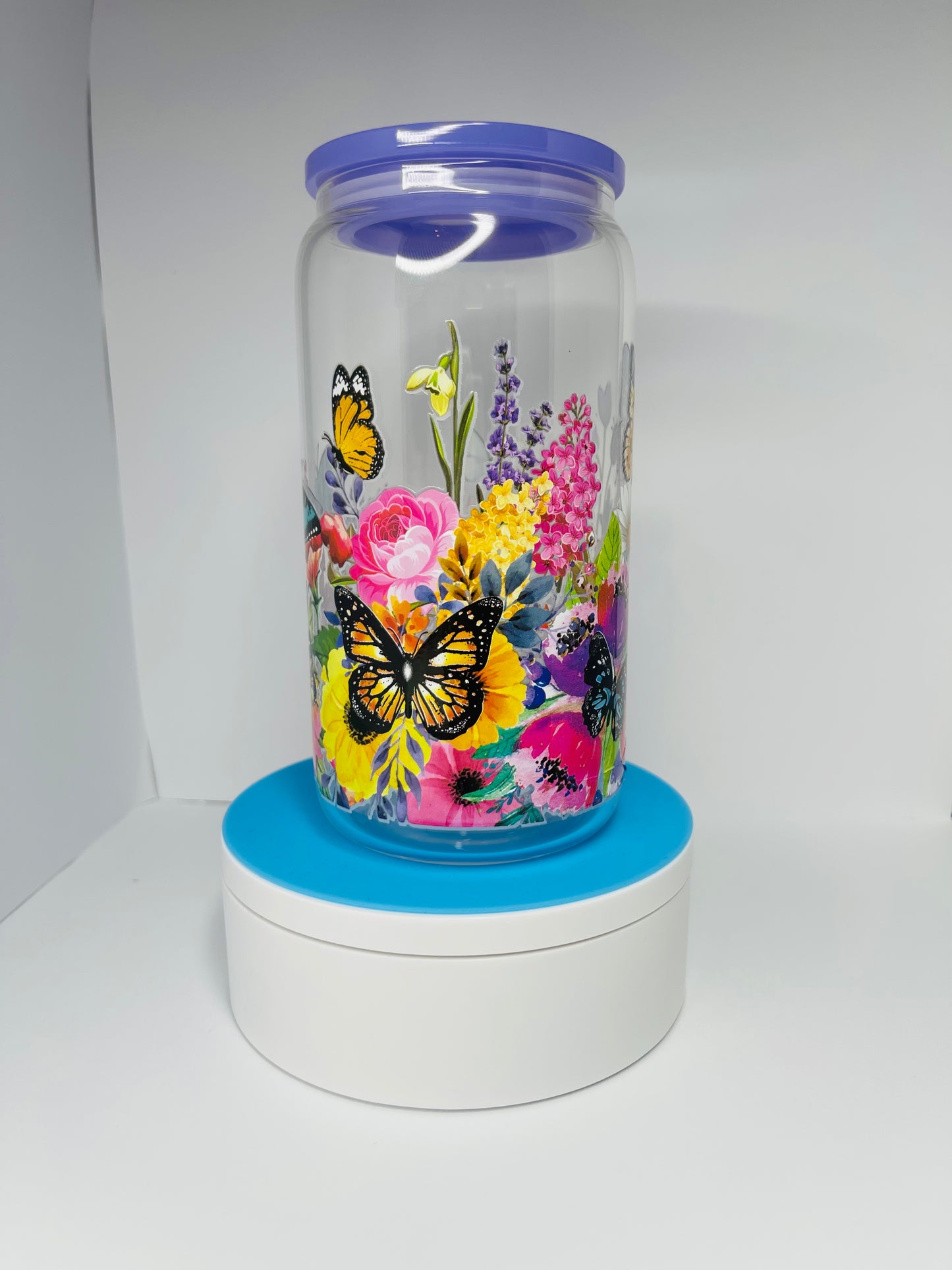 Purple Flowers Butterfly 16 oz Glass Can Tumbler