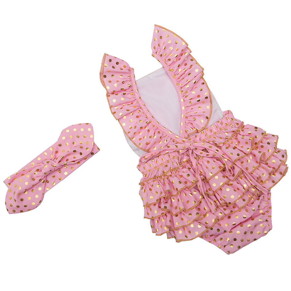 Pink and Gold Polka Dots Ruffle Romper for baby girls and toddlers