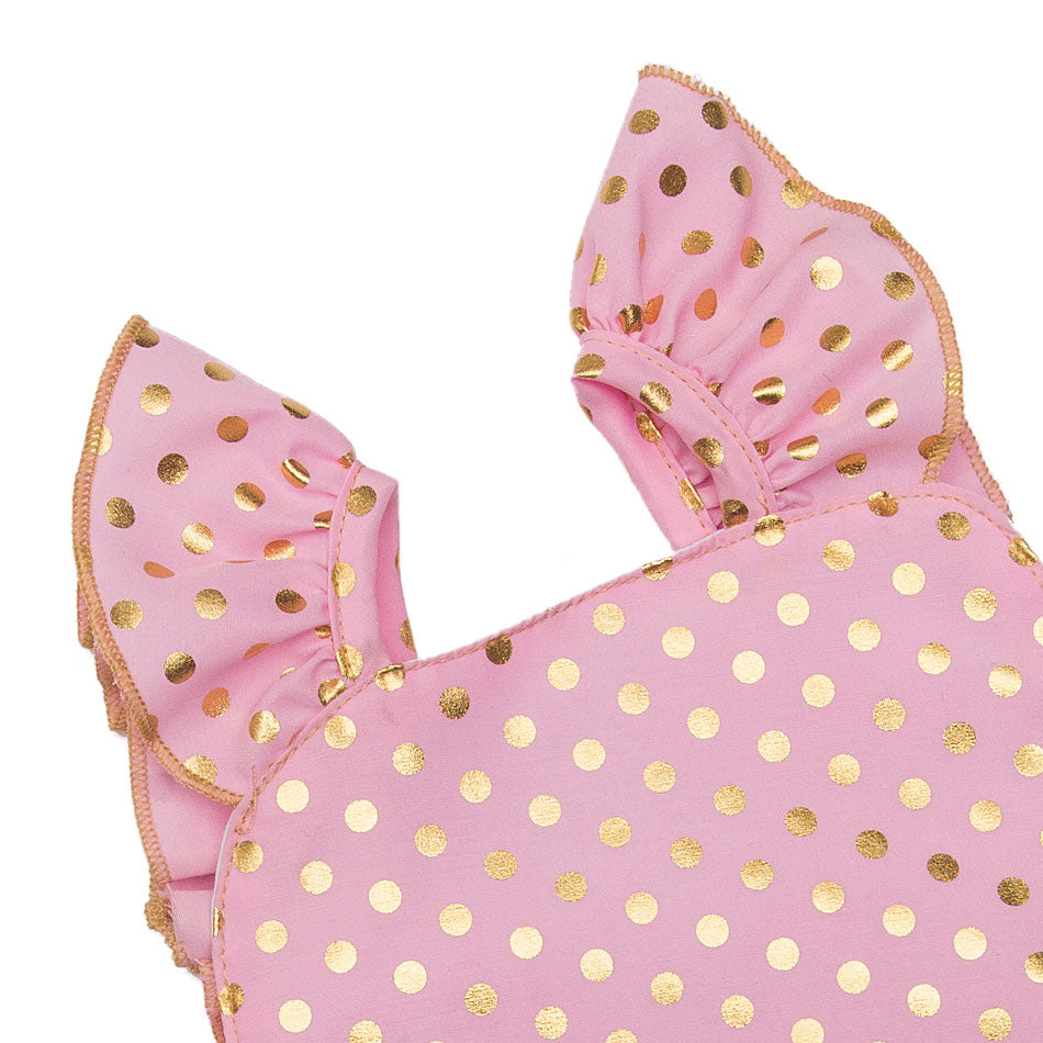 Pink and Gold Polka Dots Ruffle Romper for baby girls and toddlers