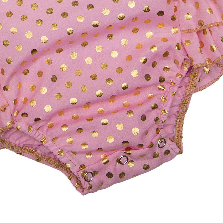 Pink and Gold Polka Dots Ruffle Romper for baby girls and toddlers