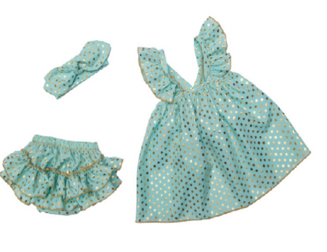 Green & gold polka dots baby summer dress 3 pcs set