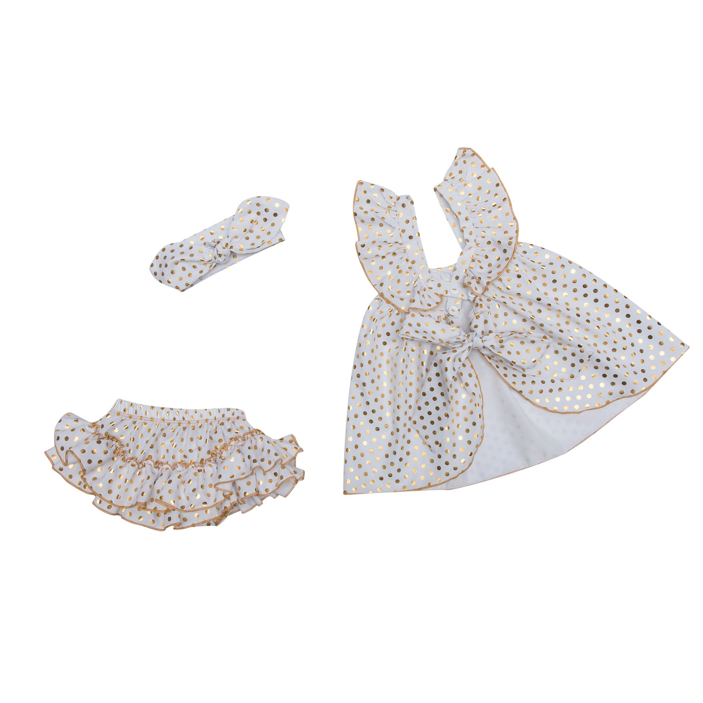 White & gold polka dots baby summer dress 3 pcs set