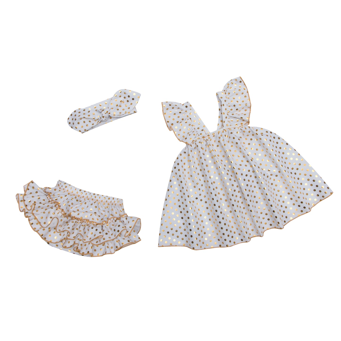 White & gold polka dots baby summer dress 3 pcs set