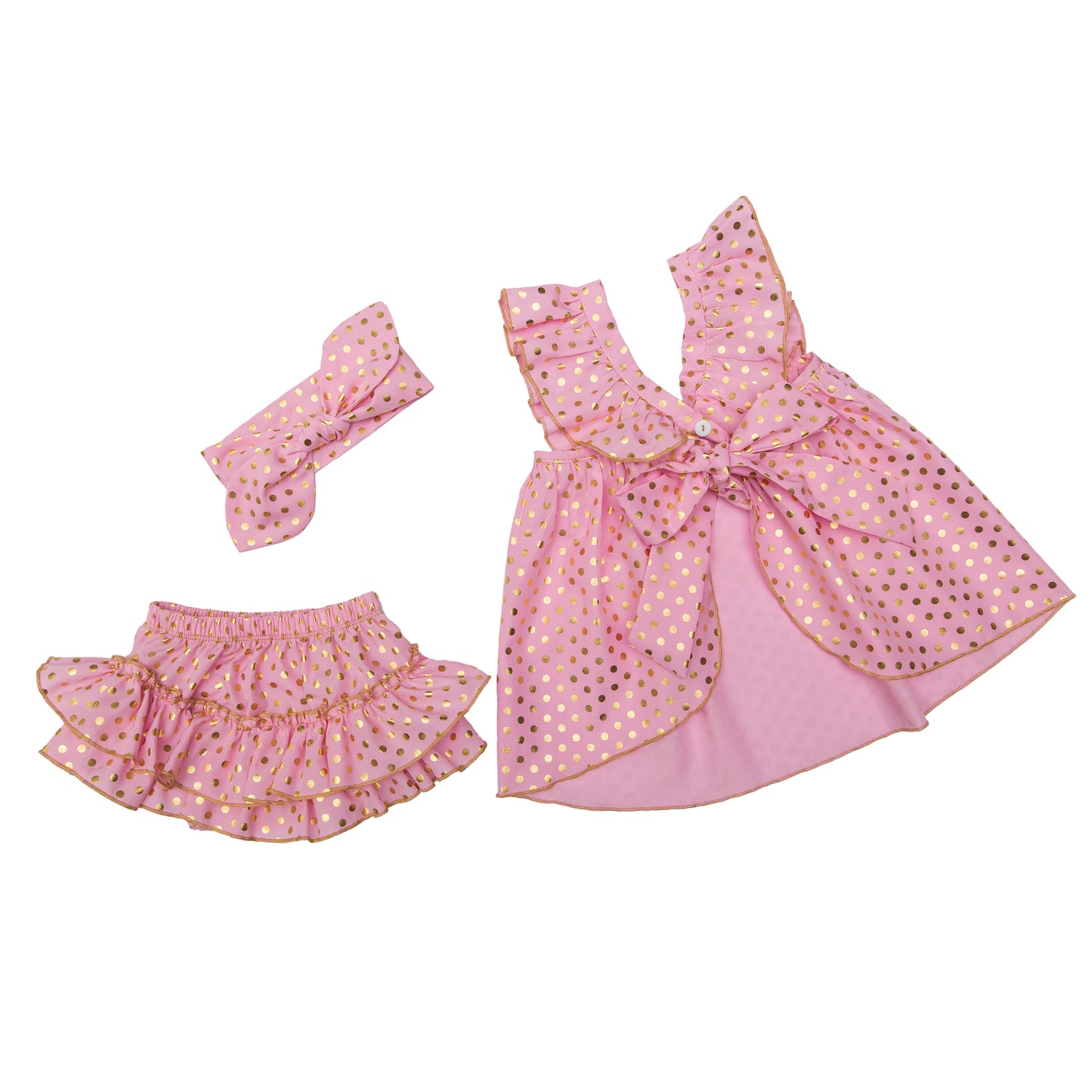 Pink & gold polka dots baby summer dress 3 pcs set